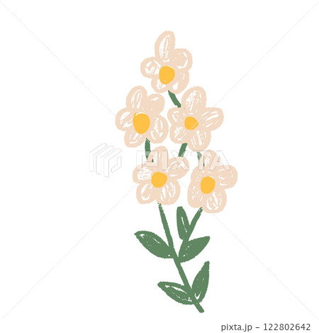Flower crayon drawn. Spring plant doodle isolated on white background. Summer floral kids element. Chalk or pastel style childish scrawl nature shape. Vector naive illustration by pencil 122802642