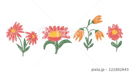Flowers and leaves crayon drawn set. Spring sunflower, daisy, chamomile and marguerite plants doodle. Vector naive pencil illustration isolated on white background. 122802643