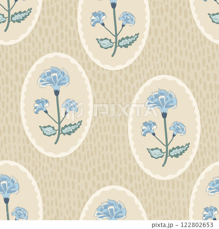 Chintz farmcore seamless pattern. Wildflowers in retro frame endless background. Floral repeat cover. Farmhouse continuous ornament. Vector medallion vintage print. Chintz farmcore seamless pattern. Wildflowers in retro frame endless background. Floral repeat cover. Farmhouse continuous ornament. Vector medallion vintage print. 122802653