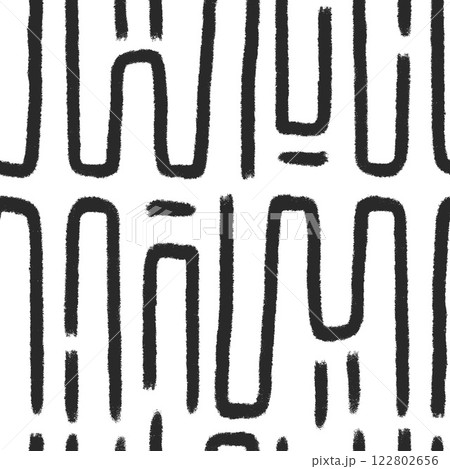 Abstract lines seamless pattern. Freehand geometric grunge stroke endless background. Wavy black brush ink shapes repeat cover. Tribal maze continuous ornament. Vector hand drawn illustration 122802656