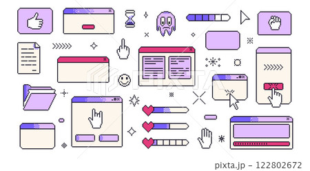 Pixel art retro windows interface. 8 bit text boxes with pointers cursors, arrow and sparkles. Rectangle frames. Folders, loading bar and hands in retro 90s style. Vector set illustration Pixel art retro windows interface. 8 bit text boxes with pointers cursors, arrow and sparkles. Rectangle frames. Folders, loading bar and hands in retro 90s style. Vector set illustration 122802672