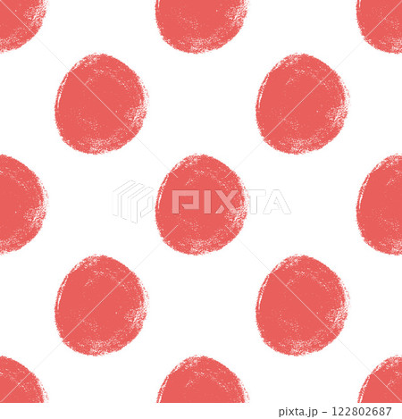 Polka dots red abstract seamless pattern marker drawn. Circular spots allover background. Round brush blobs repeat cover. Scribble painted elements. Vector surface design festive motif. 122802687