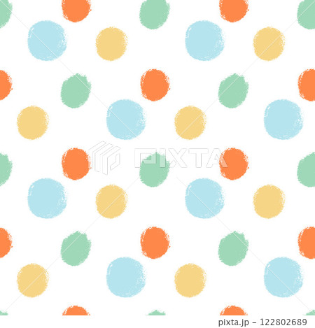 Polka dots abstract seamless pattern couache drawn. Circular spots allover background. Round brush blobs repeat cover. Scribble oval elements marker draw. Vector surface design festive motif. 122802689