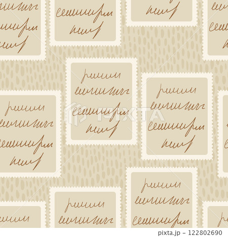 Scribble handwritten script text on post stamps seamless pattern. Unreadable letter endless background. Illegible note repeat cover. Vector vintage diary poetry continuous ornament. 122802690