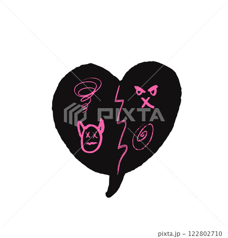 Speech bubble in heart shape with abstract sign. Curse crayon doodle abstract symbol. Bad bulling expression on chat dialog cloud. Broken heart. Vector hand drawn illustration 122802710