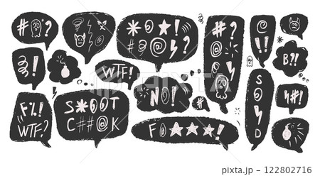 Speech bubbles with swear words. Curse crayon doodle text. Negative expression on chat textboxes. Aggressive swearwords isolated on white background. Vector hand drawn illustration Speech bubbles with swear words. Curse crayon doodle text. Negative expression on chat textboxes. Aggressive swearwords isolated on white background. Vector hand drawn illustration 122802716
