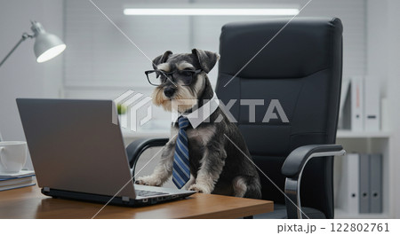ビジネススタイルのミニチュア・シュナウザーがオフィスでパソコン作業 122802761