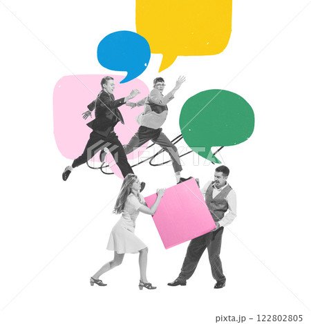 Conceptual art collage. Men in suits leaping in air, while woman holds block, surrounded by speech bubbles, highlighting teamwork and dynamic communication Conceptual art collage. Men in suits leaping in air, while woman holds block, surrounded by speech bubbles, highlighting teamwork and dynamic communication 122802805