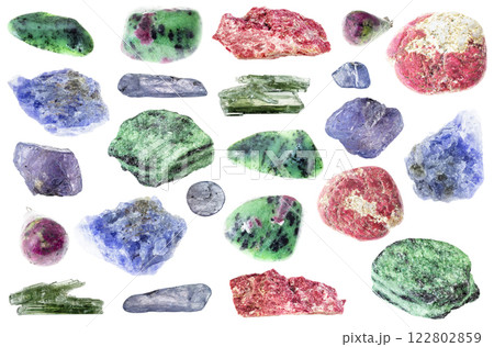 natural specimens of uncut zoisite rocks cutout 122802859