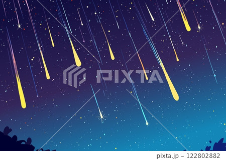 Meteor rain horizontal background. Dropping falling star trails shiny asteroid pieces cosmic starry comets with tails. Astronomy night sky. Cartoon style vector illustration 122802882