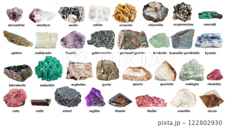 specimens of rough minerals with names cut out 122802930