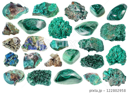 natural specimens of uncut malachite rocks cutout 122802958