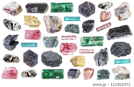 natural specimens of uncut tourmaline rocks cutout 122802972