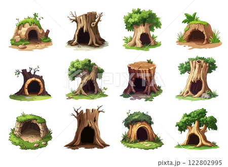 Burrow and tree hollow set. Old dry stump with cracked bark. Wood natural house for animals. Cartoon style isolated vector clipart collection Burrow and tree hollow set. Old dry stump with cracked bark. Wood natural house for animals. Cartoon style isolated vector clipart collection 122802995