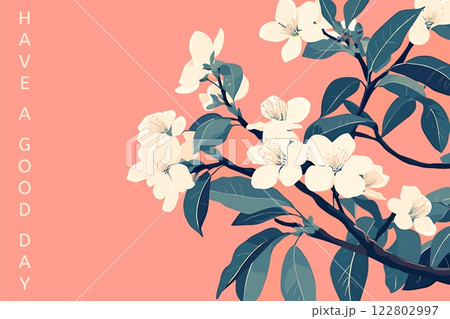 Blooming flowers on the branches of a peach cherry apple tree with leaves. Plain pink horizontal background. Seasonal banner template. Vector illustration 122802997