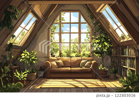 Attic interior horizontal background. Cozy atmosphere of empty garret room in the farm house. Mansard with big windows sofa green plants wooden roof shelves with books. Cartoon style vector 122803016