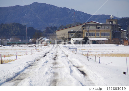 轍が3本の積雪路面で対向車とすれ違う際に路肩側へ退避した形跡が散見される農道 122803019