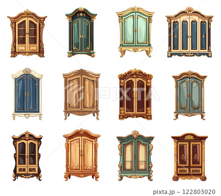 Ancient cupboards set. Luxury old servers interior wooden cabinets with decorations. Furniture storage containers. Vintage buffets front view closets. Cartoon style isolated vector clipart collection Ancient cupboards set. Luxury old servers interior wooden cabinets with decorations. Furniture storage containers. Vintage buffets front view closets. Cartoon style isolated vector clipart collection 122803020