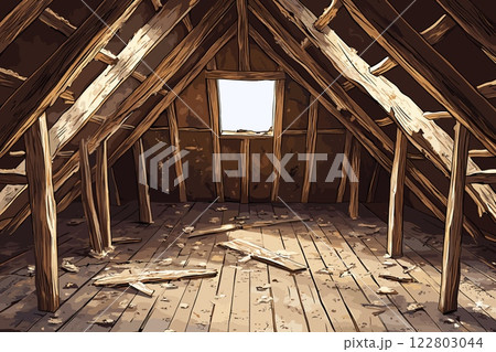 Abandoned attic horizontal background with wooden broken roof with holes. Empty garret room messy mansard with window. Damaged building interior. Cartoon style vector illustration 122803044