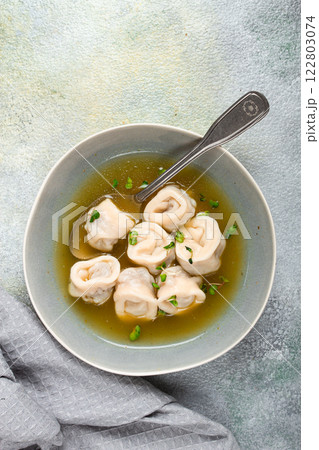 Cappelletti with meat in chicken broth, ravioli with meat, homemade, no people, 122803074