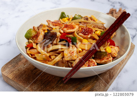 fried noodles with chicken meat and vegetables, Bami Goreng, Indonesian dish, no people, 122803079