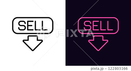 Outline sell icon, with editable stroke. Sell button with down arrow, decline stock market. Stock exchange trading, forecast signal to Sell, falling share price, bearish stock market. Vector icon 122803166