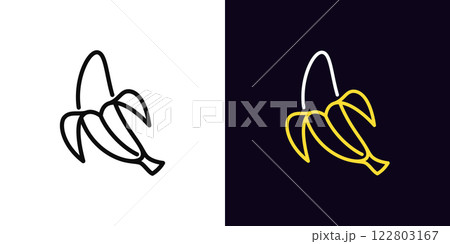 Outline banana icon, with editable stroke. Banana fruit with opened peel, outline silhouette. Ripe tropical fruit, banana garden, organic food, fruit diet, summer vitamins, health food. Vector icon Outline banana icon, with editable stroke. Banana fruit with opened peel, outline silhouette. Ripe tropical fruit, banana garden, organic food, fruit diet, summer vitamins, health food. Vector icon 122803167