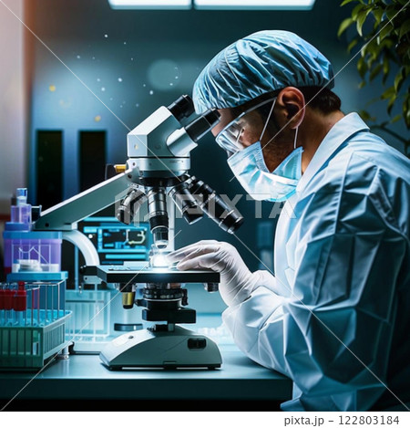 Laboratory research. A medical worker in front of a microscope. 122803184