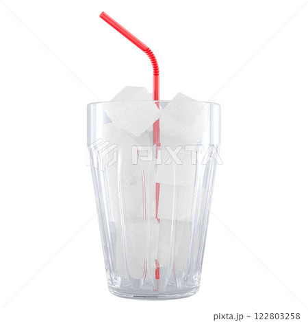 Glass with sugar cubes and straw. 3D rendering 122803258