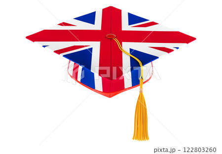 Graduation cap with British flag. Education in the UK or learn English language, concept. 3D rendering 122803260