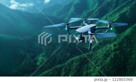 drone flying over lush green mountains, capturing stunning aerial views 122803360