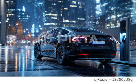 sleek electric car charging at modern station in vibrant cityscape sleek electric car charging at modern station in vibrant cityscape 122803380