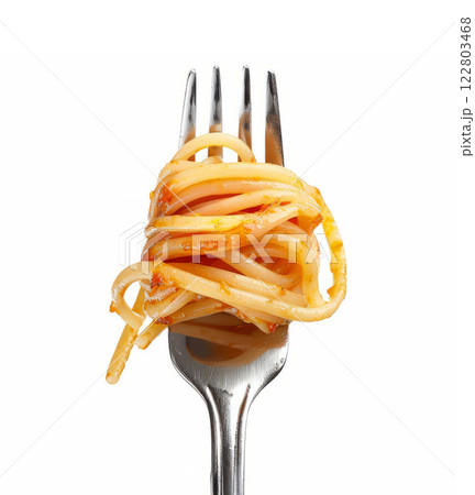 spaghetti rolled on fork with sauce 122803468