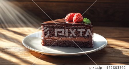 Delicious chocolate cake on a white plate bathed in warm sunlight. Header banner mockup with copy space. 122803562