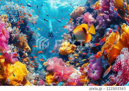Professional diving, scuba diver in the depths of water with cylinders among colorful fish, corals and stones. 122803563