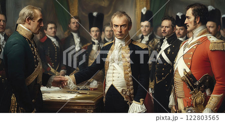 Negotiations between Napoleon and Alexander I at the Erfurt Congress in 1808. Header banner mockup with copy space. 122803565
