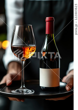 Waiter serves a glass of wine alongside an open bottle in an upscale restaurant setting Waiter serves a glass of wine alongside an open bottle in an upscale restaurant setting 122803623