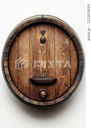 Antique oak wine barrel isolated on a white background showcasing rustic craftsmanship Antique oak wine barrel isolated on a white background showcasing rustic craftsmanship 122803624