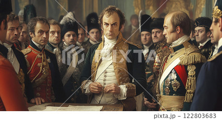 Negotiations at the Erfurt Congress between Napoleon and Alexander I in early 19th century. Header banner mockup with copy space. Negotiations at the Erfurt Congress between Napoleon and Alexander I in early 19th century. Header banner mockup with copy space. 122803683