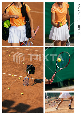 Creative moodboard. Tennis player practicing on court, focusing on movement, precision, and control while training with racket and balls under bright sunlight. Creative moodboard. Tennis player practicing on court, focusing on movement, precision, and control while training with racket and balls under bright sunlight. 122803705