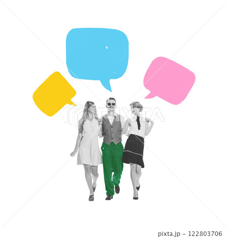 Conceptual art collage. Man walking between two women, all engaged in conversation, surrounded by speech bubbles, representing social interaction and shared thoughts. Conceptual art collage. Man walking between two women, all engaged in conversation, surrounded by speech bubbles, representing social interaction and shared thoughts. 122803706