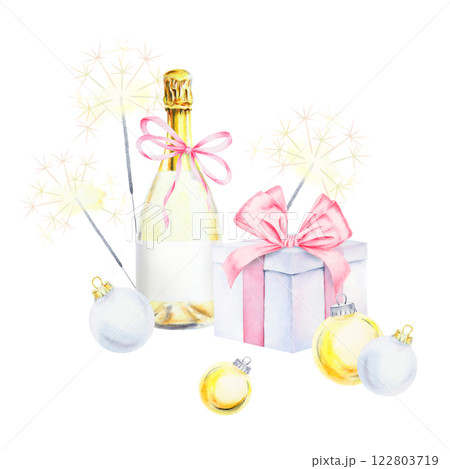 A festive hand draw watercolor clip art featuring a champagne bottle tied with a pink ribbon, a gift box with a bow, sparklers and Christmas ornaments. Perfect for holiday and celebration designs 122803719