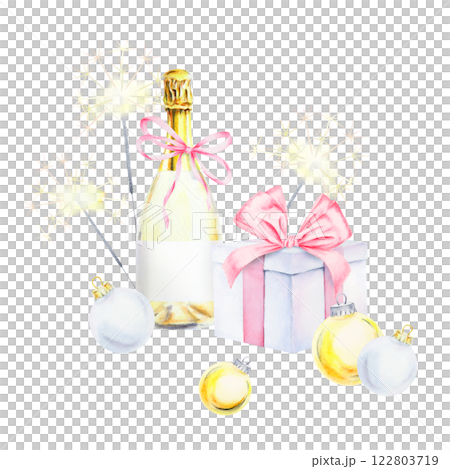 A festive hand draw watercolor clip art featuring a champagne bottle tied with a pink ribbon, a gift box with a bow, sparklers and Christmas ornaments. Perfect for holiday and celebration designs 122803719