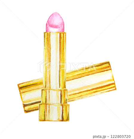 Watercolor hand drawn clip art of a pink lipstick in a golden tube with an open cap. Elegant and stylish beauty product design for cosmetics, makeup or fashion themes. Isolated, cut out. 122803720