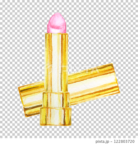 Watercolor hand drawn clip art of a pink lipstick in a golden tube with an open cap. Elegant and stylish beauty product design for cosmetics, makeup or fashion themes. Isolated, cut out. 122803720