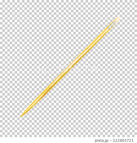 Watercolor clip art of metallic golden sewing needle with detailed texture. Ideal for crafting, embroidery, tailoring, DIY projects, creative designs, sewing kits, handmade art, textile-related themes 122803721
