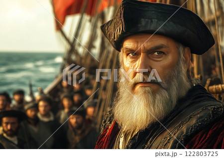 Vasco da Gama leads crew on galleon towards Calicut during historic voyage in 15th century Vasco da Gama leads crew on galleon towards Calicut during historic voyage in 15th century 122803725