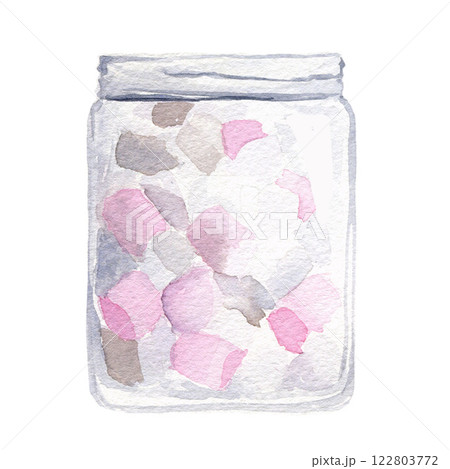 Glass jar with sweet pink and white marshmallow inside. Hand-drawn watercolor illustration isolated on white background. Valentine's day, Christmas Glass jar with sweet pink and white marshmallow inside. Hand-drawn watercolor illustration isolated on white background. Valentine's day, Christmas 122803772