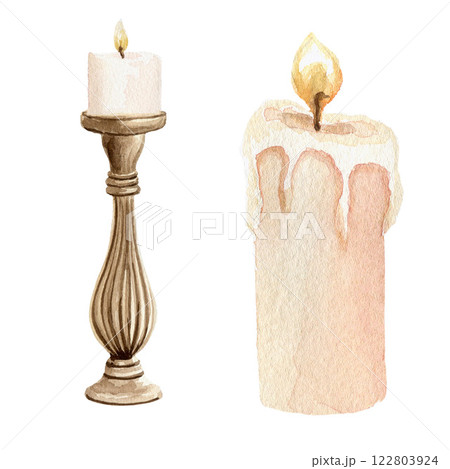 Burning candle on a candlestick and single candle. Watercolor hand drawn illustration sketch for design, decor, cards, posters and art projects 122803924
