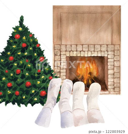 Cozy watercolor fireplace with open fire, Christmas tree and legs of a lying guy and a girl in knitted socks. Painting on white background, isolated Cozy watercolor fireplace with open fire, Christmas tree and legs of a lying guy and a girl in knitted socks. Painting on white background, isolated 122803929